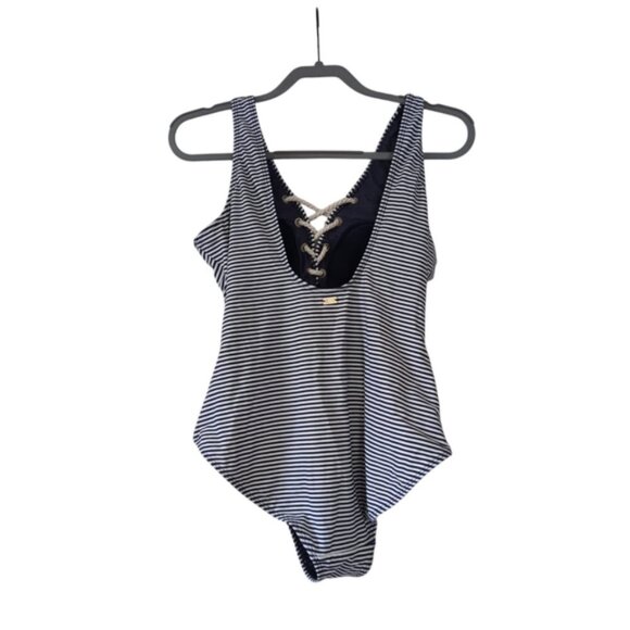 Jones New York Nautical Marinière Striped Lace Up One Piece Swimsuit L - Picture 3 of 5